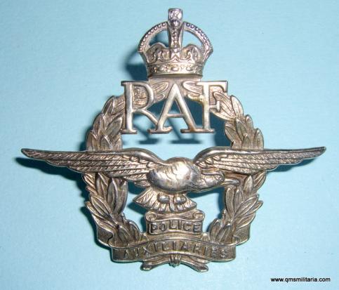 Scarce RAF Royal Air Force Police Auxiliaries ( Colonies ) White Metal Cap Badge, pre 1953