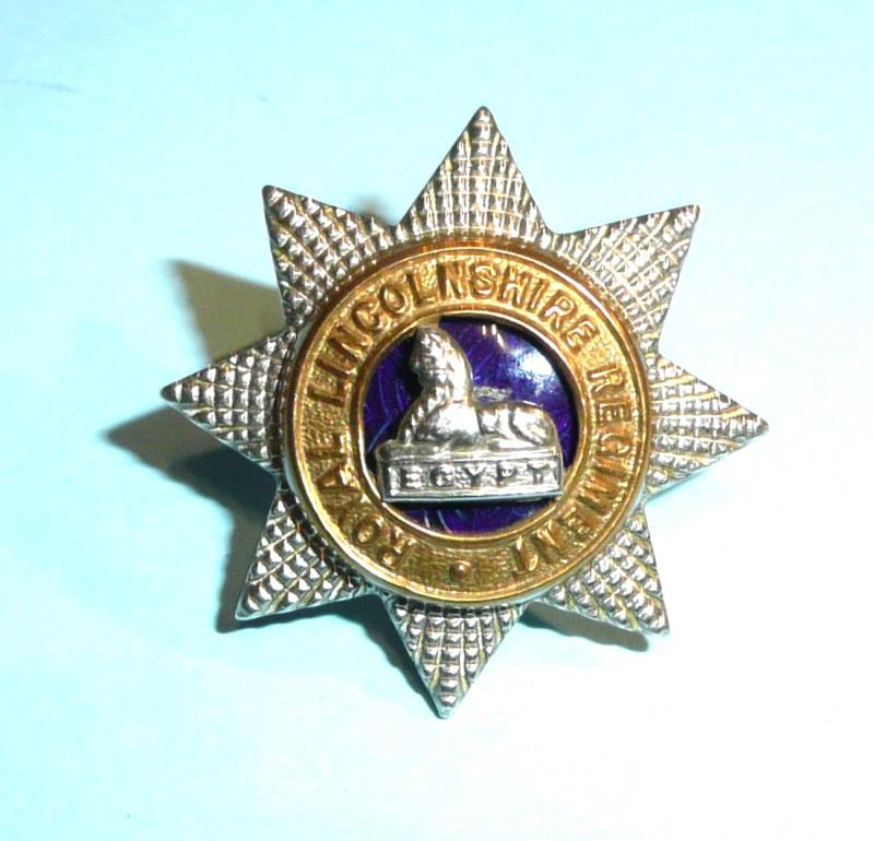 Royal Lincolnshire Regiment Officer's Small Silver Gilt and Enamel Field Service / Side Cap Badge