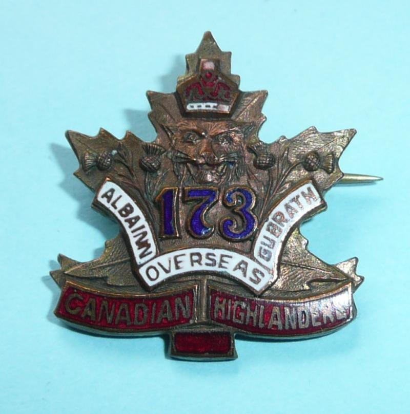 WW1 Canada - 173rd (Canadian Highlanders) CEF Battalion Gilt & Enamel Sweetheart Pin Brooch Badge - Ellis