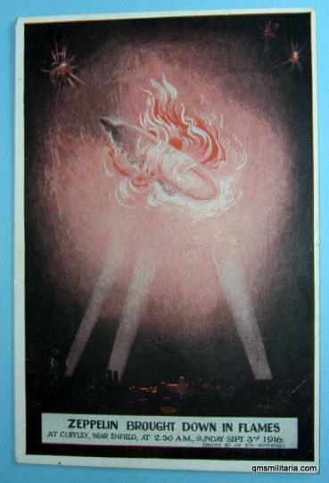 WW1 Art Postcard of Zepplin shot dowm in flames, Cuffley, Nr Enfield, Middlesex on 3rd Sept 1916