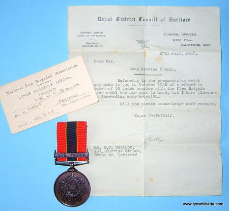 WW2 Blitz  - Dartford Kent Fire Brigade - 10 Year Long Service Medal awarded to 14929 Sidney C Bullock - with some paperwork
