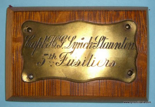 Brass Plaque engraved to Captain H.G. Lynch-Staunton, 5th ( Northumberland ) Fusiliers