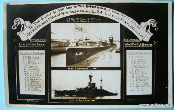 Scarce Memorial Postcard for loss of HM Submarine L24 - includes roll of honour