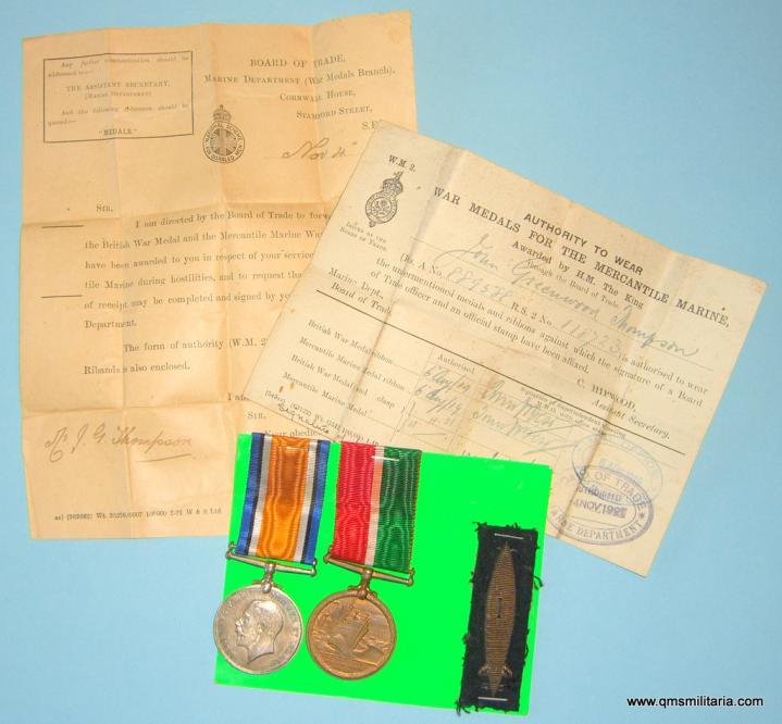 WW1 Mercantile Marine Medal Pair to John Greenwood Thompson plus Torpedoed Sleeve Badge