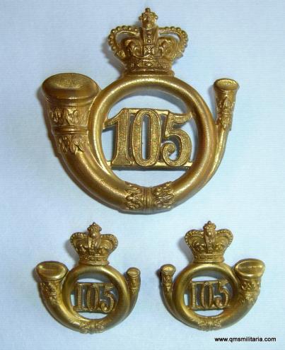 British Indian. 105th (Madras Light Infantry) Regiment, OR’s glengarry badge and matched facing collar badges  circa 1874-1881