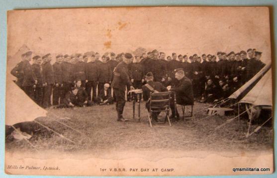 1st Volunteer Battalion Suffolk Regiment - Postally used 1904 - Pay day at camp  Original photo image, postcard size by Mills & Palmer of Ipswich. Some foxing and a bit grubby, but no tears or creases.  Code: 51551Price: 8.00 GBP
