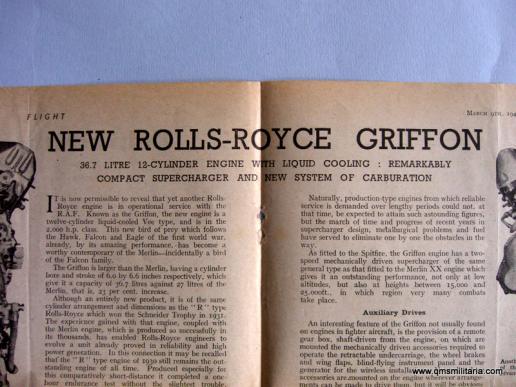Article extracted from Flight Magazine March 1944 - New 36.7 litre 12 cyclinder Rolls Royce Griffon Engine as fitted in the Spitfire