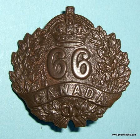 WW1 Canada CEF - 66th Overseas Battalion Canadian Expeditionary Force Bronze Collar Badge  - Jackson Bros 1915