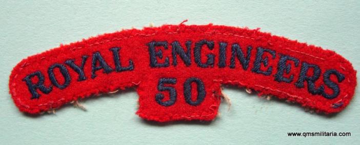 50 Field Squadron Royal Engineers ( RE ) Blue on Red Embroidered Cloth Shoulder Title