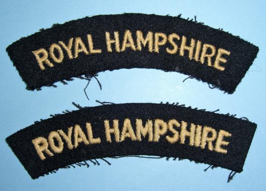 Royal Hampshire Regiment Pair of Embroidered Yellow on Black Felt Cloth Shoulder Titles