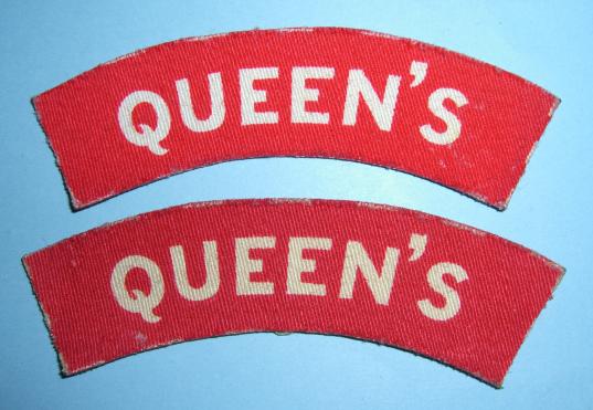 WW2 Pair of Queen 's ( Royal West Surrey ) Regiment Printed White on Red Cloth Shoulder Titles