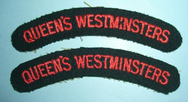 Queens Westminsters Matched Pair of Woven Cloth Shoulder Titles, red on black.