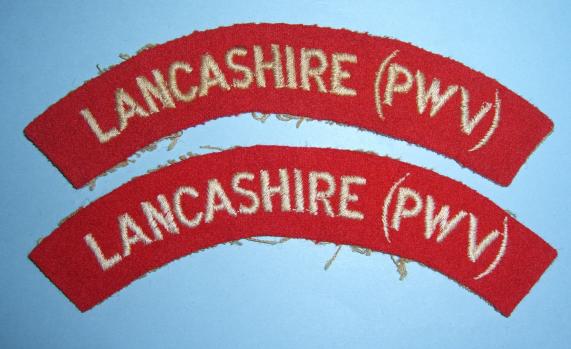 Lancashire ( PWV ) Matched Pair of Woven White on Red Cloth Shoulder Titles