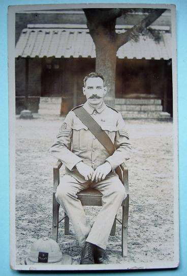 WW1  - 1/5th Hampshire Regiment ( in India )  Pioneer Sergeant Original Black and White Postcard Portrait photograph - wearing IGS medal ribbon