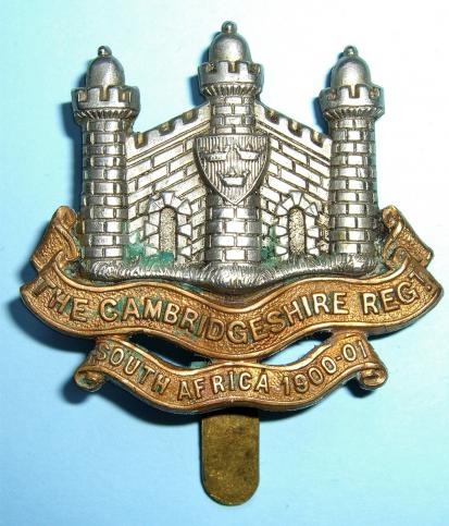 Cambridgeshire Regiment ( Territorial Force )  Bi Metal  Cap Badge with South Africa 1900-01 Scroll