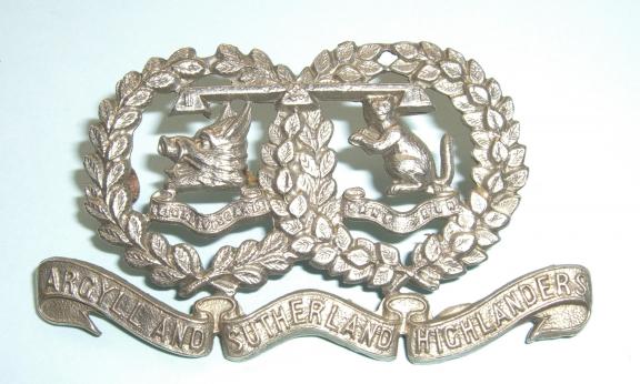 Victorian White Metal Argyll & Sutherland Highlanders ( A&SH ) Collar Badge with Scroll and Cat's Tail Up