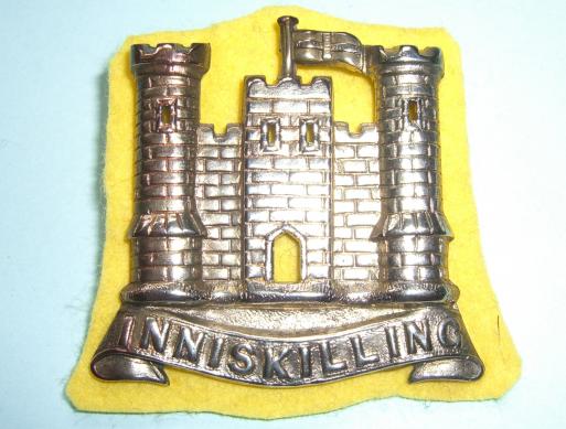 6th Inniskillings Dragoons NCO's White Metal Arm Badge On Primrose Yellow Backing Cloth
