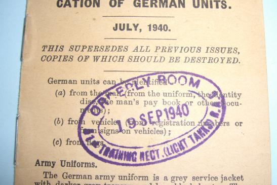 WW2 original Pocket Notes on Identification of German Units July 1940 - Stamped 51st Training Regiment ( Light Tanks ) R.A.C. Orderly 19th September 1940