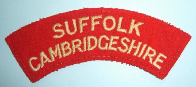 Suffolk / Cambridgeshire Regiment ( TA ) Embroidered White On Red Felt Cloth Shoulder Title