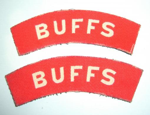 WW2 Printed Matched Pair of  Buffs ( Royal East Kent Regiment ) White on Red Cloth Shoulder Titles