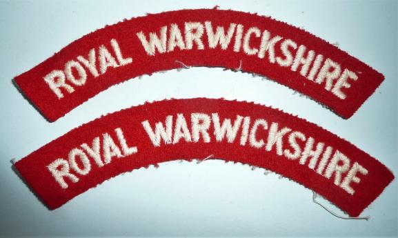 WW2 ROYAL WARWICKSHIRE Matched Pair of Woven White on Red Cloth Felt Shoulder Titles