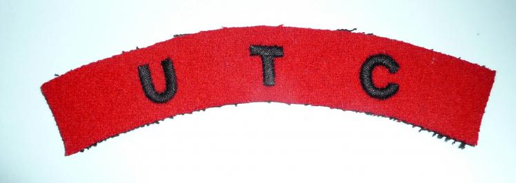 U.T.C. University OfficerTraining Corps Embroidered Black on Red Cloth Felt Shoulder Title