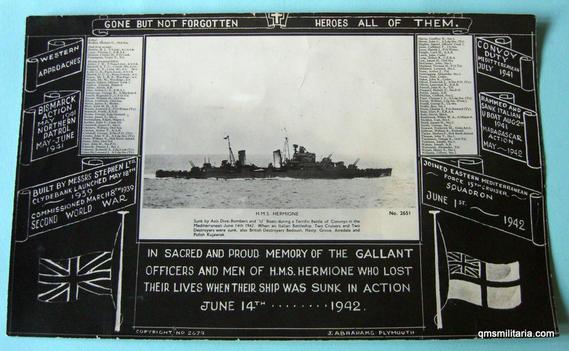 Large In Memoriam Composite Photograph for HMS Hermione,  sunk in action by Axis Dive Bombers in the Mediterranean 14th June 1942