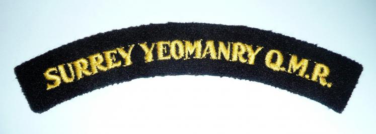 Surrey Yeomanry QMR Embroidered Yelloow on Black Felt Cloth Shoulder Title