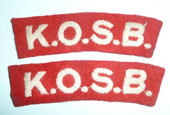 K.O.S.B. (King's Own Scottish Borderers) Matched Pair of Embroidered White on Scarlet Felt Cloth Shoulder Titles