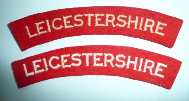 WW2 Leicestershire Regiment Pair of Embroidered White on Red Felt Cloth Shoulder Titles