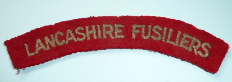 Lancashire Fusiliers  Embroidered White on Red Felt Cloth Shoulder Title