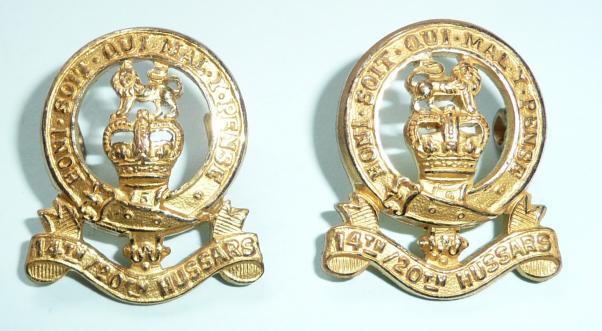 A matched facing pair of 14th / 20th Hussars Officers Collar Badges, QEII issue
