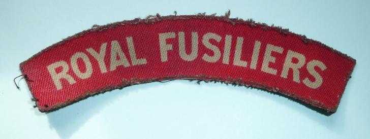 WW2  Royal Fusiliers Printed White on Red Cloth Shoulder Title (removed from uniform)