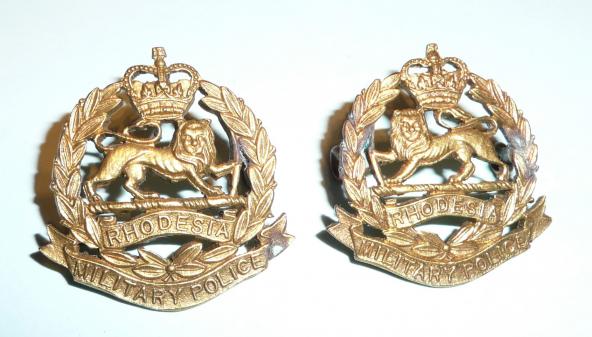 Colonial Africa  - Rhodesia Corps of  Military Police Matching Facing Pair of Brass Collar Badges, QEII issue