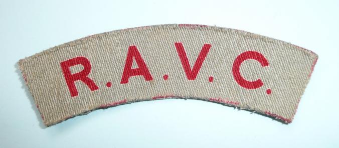 WW2 PRINTED RAVC Royal Army Veterinary Corps Red on Grey Felt Cloth Shoulder Title
