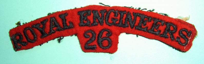 26 Armoured Engineer Squadron Royal Engineers Woven Dark Blue on Red Felt Cloth Shoulder Title