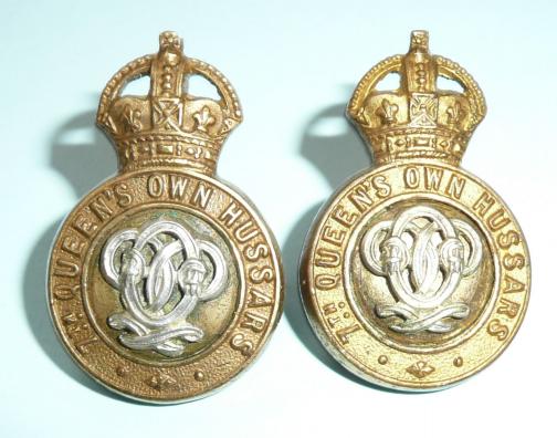 7th Queens Own Hussars Officers Pair of Silver Plated and Gilt Collar badges, Kings Crown