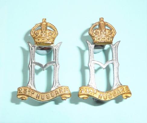 WW2 War Raised Unit - 23rd Hussars Officers Pair of Silver Plate and Gilt Collar Badges