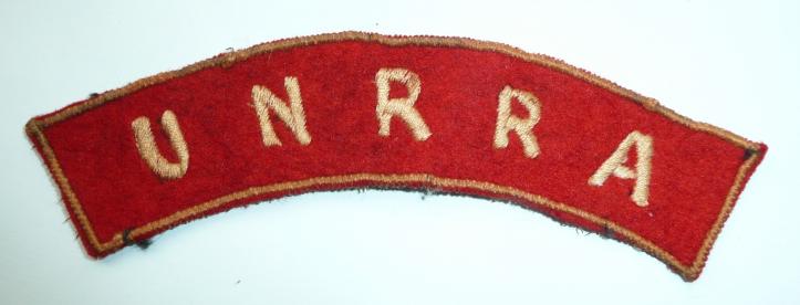 UNRRA United Nations Relief & Rehabilitation Ageny Locally Made Embroidered  Cloth Shoulder Title
