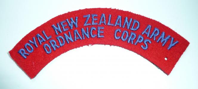 Royal New Zealand Army Ordnance Corps Embroidered Blue on Red Felt Cloth Shoulder Title