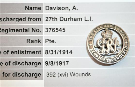 WW1 Silver War Badge (SWB) to Albert Davison, 5th Battalion & 27th Battalion Durham Light Infantry (DLI) - Wounds