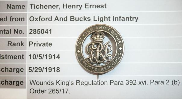 WW1 Silver War Badge (SWB) to Henry Ernest Tichener, Oxford & Bucks Light Infantry - Wounds
