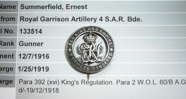 WW1 Silver War Badge (SWB) to Ernest Summerfield, Royal Garrison Artillery / 4th South African Brigade