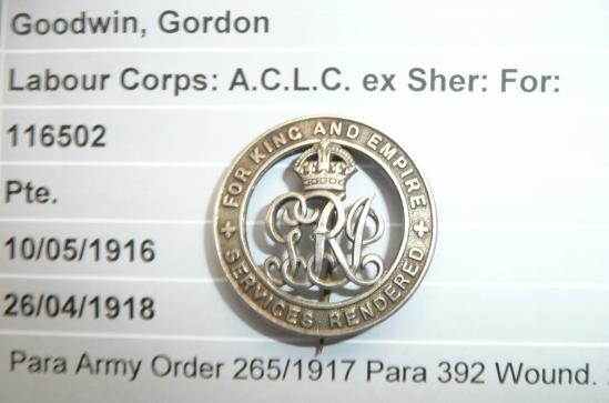 WW1 Silver War Badge (SWB) to Gordon Goodwin, Labour Corps (ex Sherwood Foresters (Notts & Derby Regiment)) - Wounds