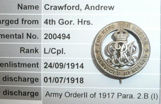 WW1 Silver War Badge (SWB) to Andrew Crawford, 4th Gordon Highlanders