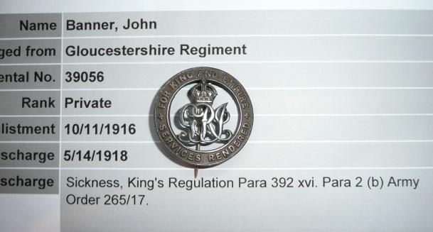 WW1 Silver War Badge (SWB) to John Banner, Gloucestershire Regiment, ex Worcestershire Regiment