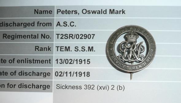 WW1 Silver War Badge (SWB) to Oswald Mark Peters, Squadron Sergeant Major, Army Service Corps (ASC)
