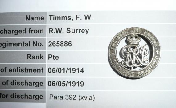 WW1 Silver War Badge (SWB) to F W Timms, Royal West Surrey Regiment