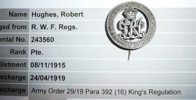 WW1 Silver War Badge (SWB) to Robert Hughes, Cheshire Regiment and Royal Welsh Fusiliers