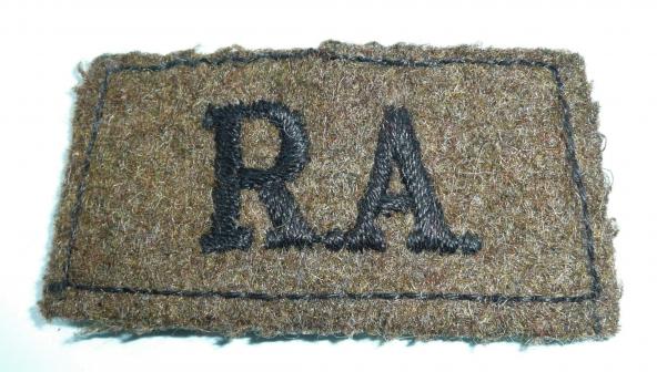 WW2 Royal Artillery (RA) Woven Black on Khaki Slip On Shoulder Title